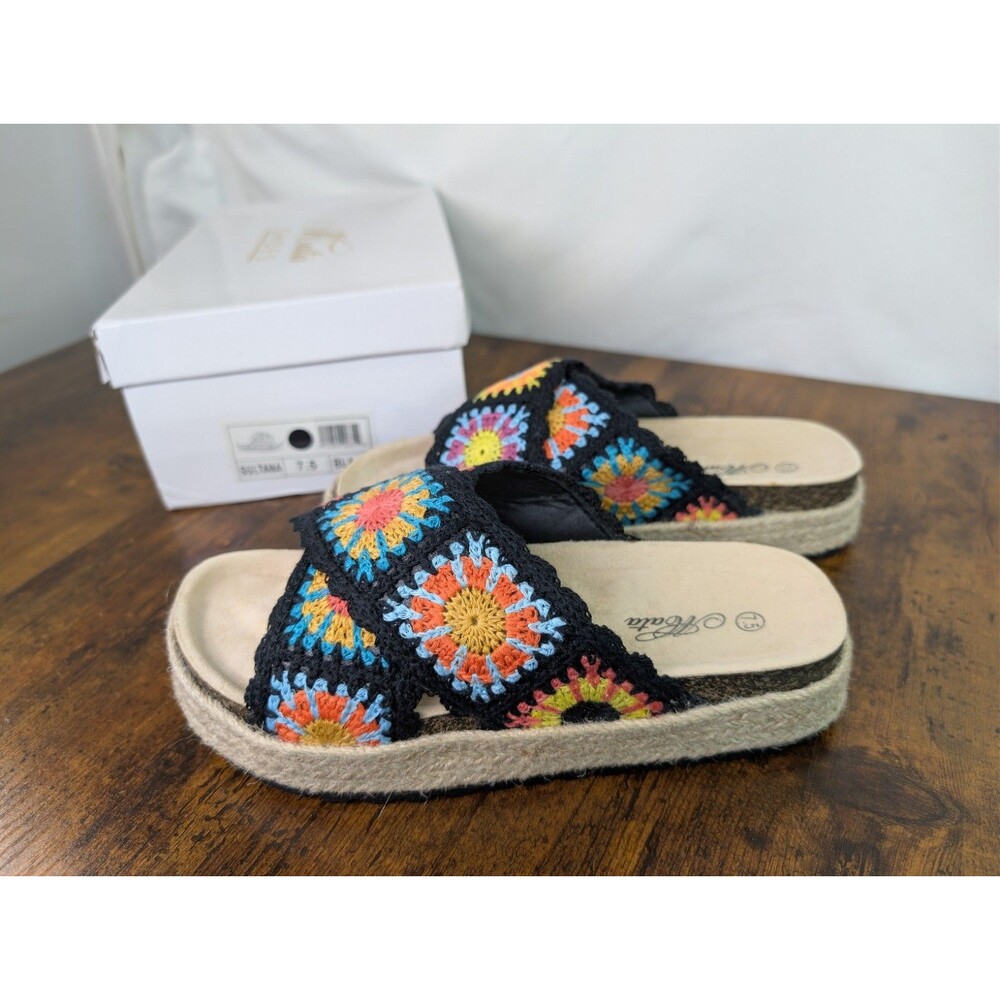 Mata Sultana Crochet Platform Sandals Black Multicolor Granny Square Size 7.5